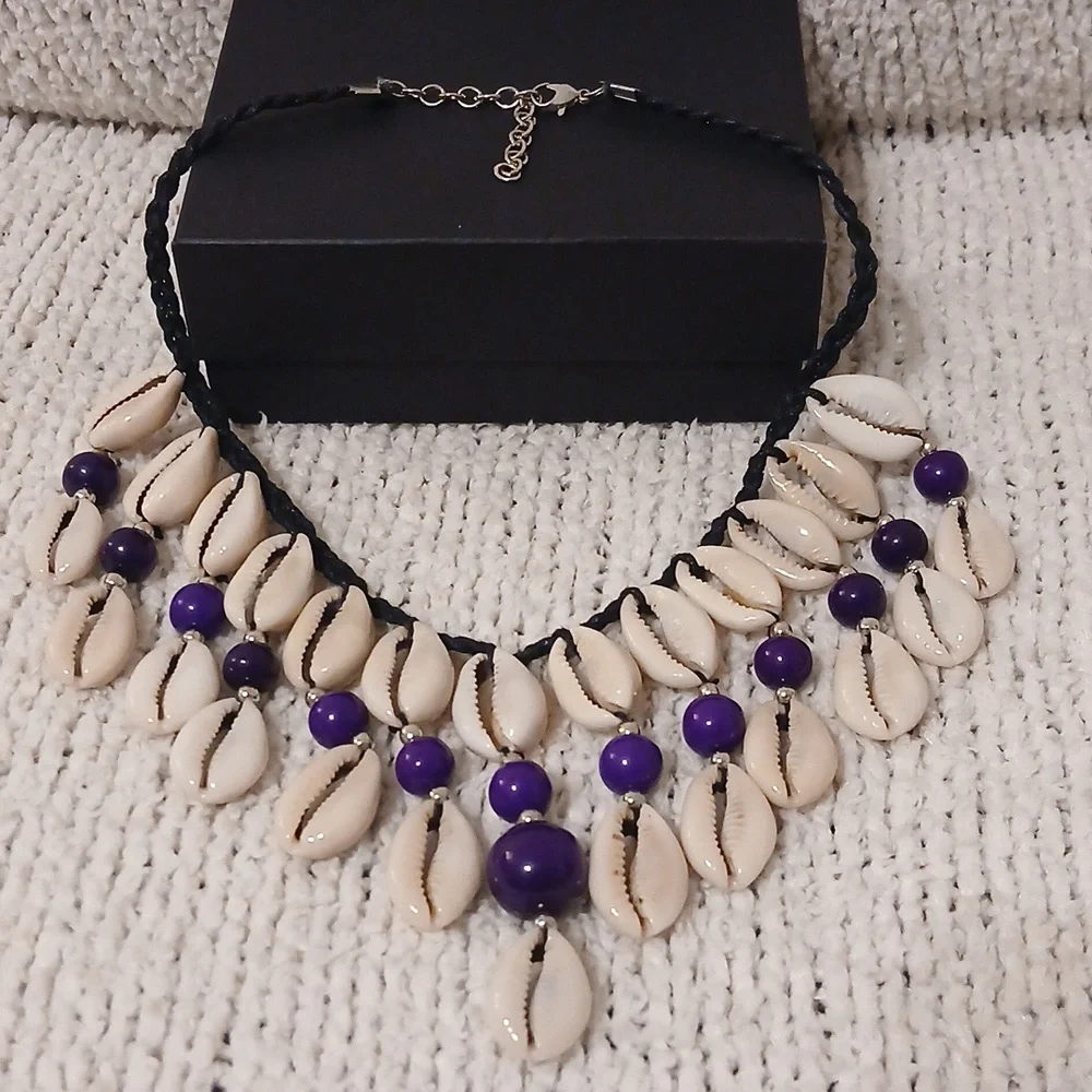 Cowrie Shell and Purple Bead Statement 3-piece Set - Picture 2 of 4